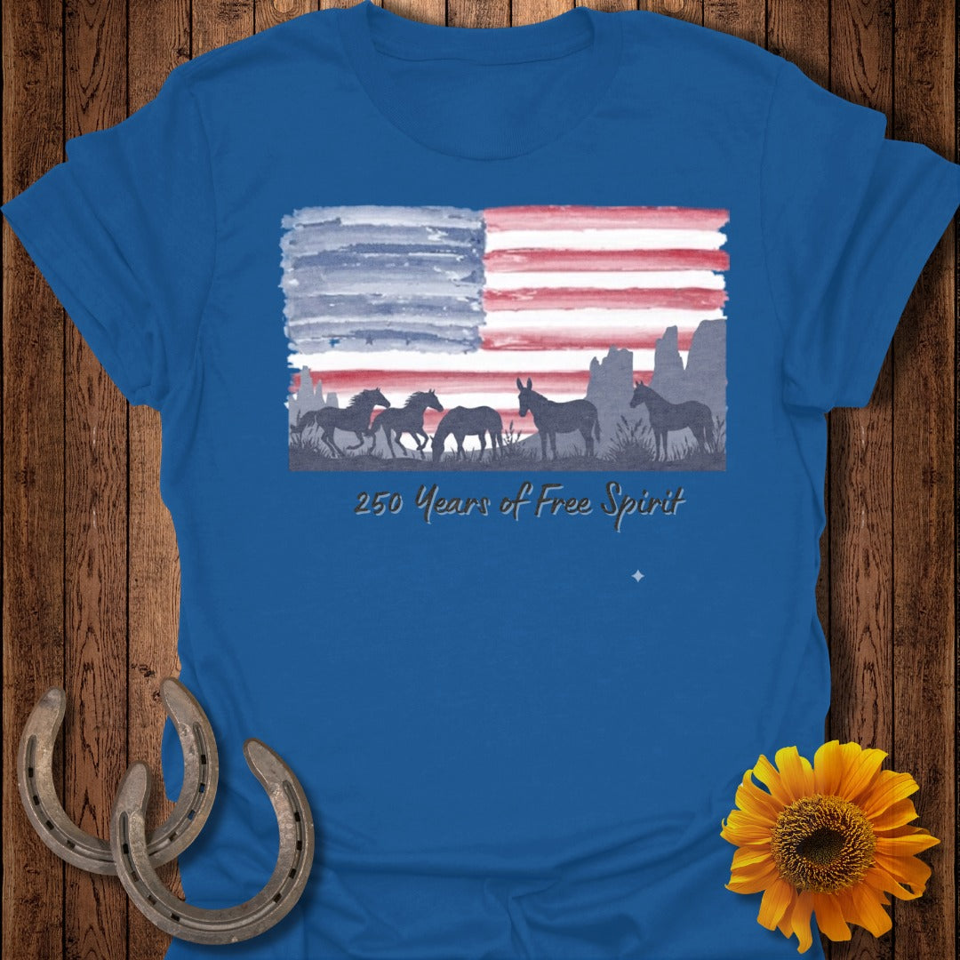 Blue t-shirt with American flag and horses graphic, "250 Years of Free Spirit" text.