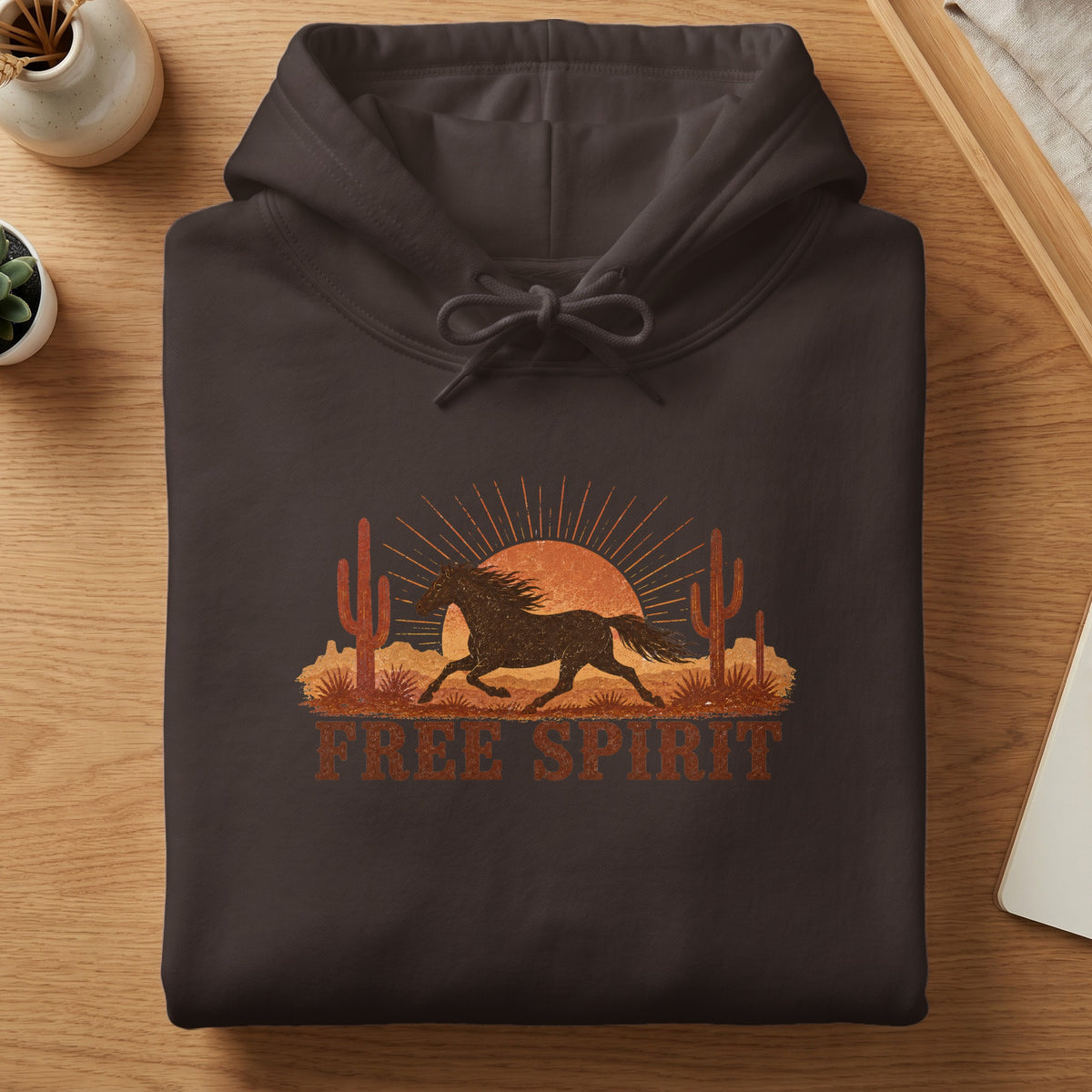 Dark brown hoodie with a desert horse graphic and "Free Spirit" text.