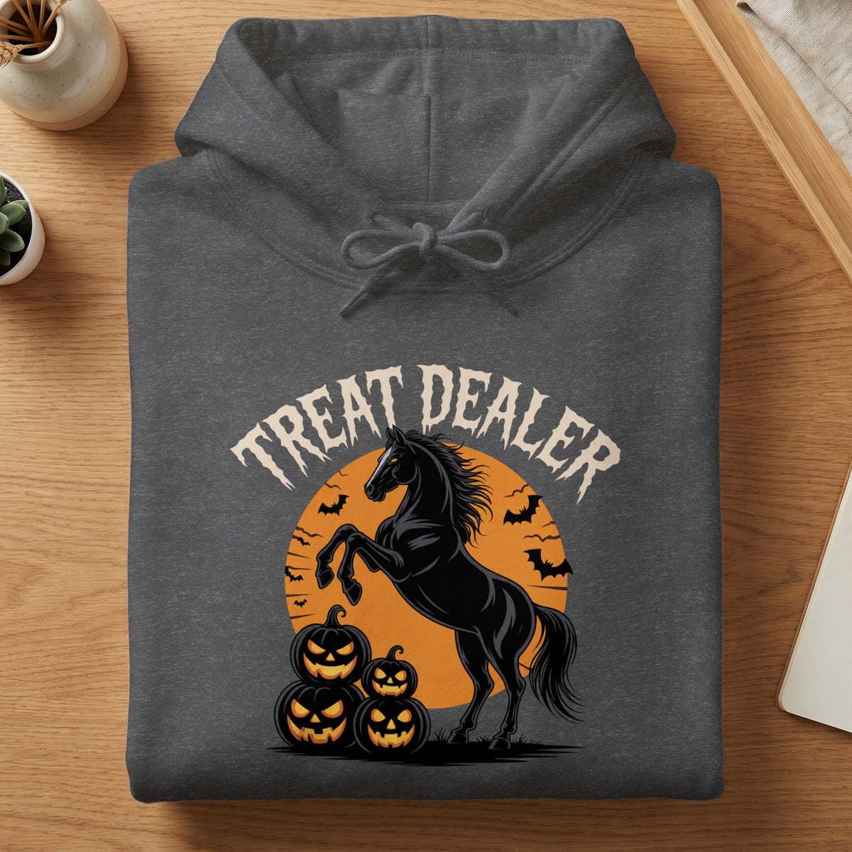 Dark gray hoodie with black horse, pumpkins, bats, and "Treat Dealer" text.