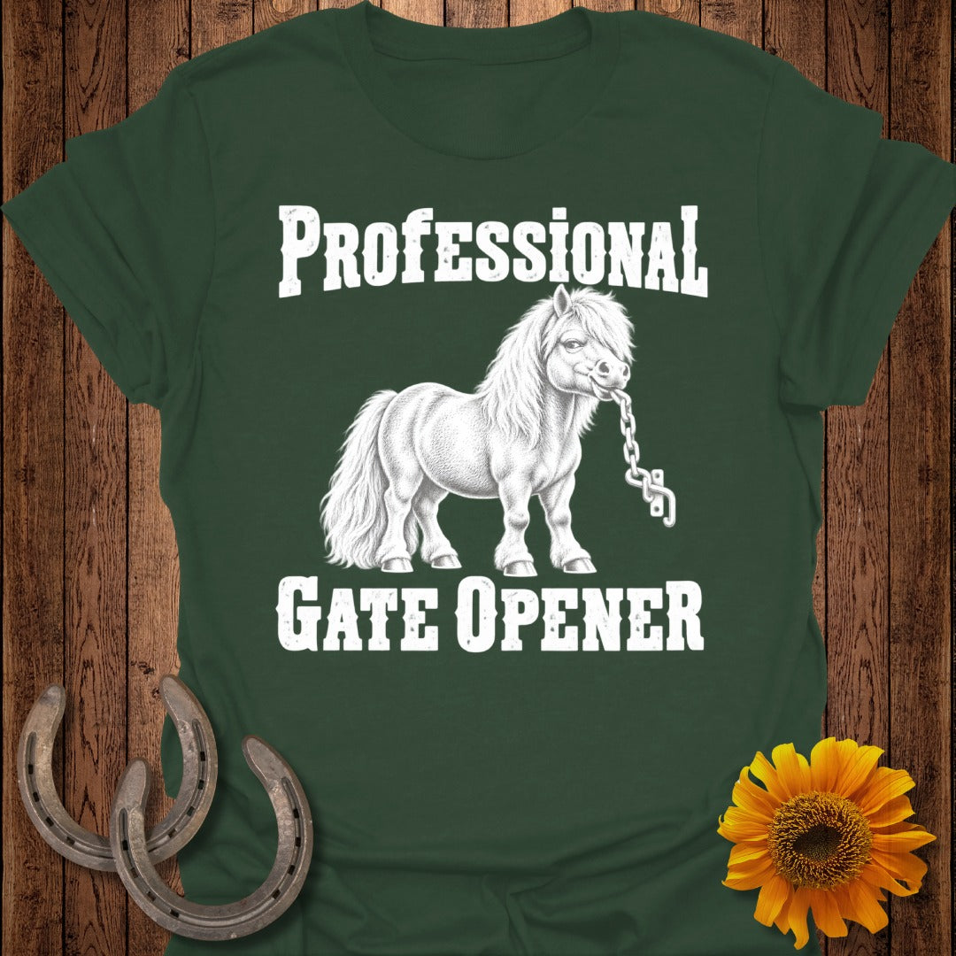White pony with chain in mouth, text "Professional Gate Opener" on dark green shirt.