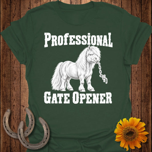 White pony with chain in mouth, text "Professional Gate Opener" on dark green shirt.