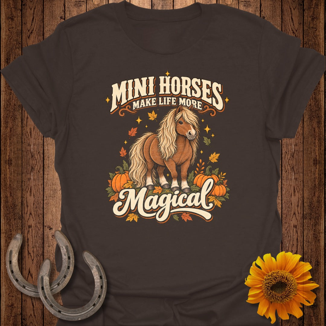 Mini Horses Make Life More Magical graphic with a brown horse and fall elements.