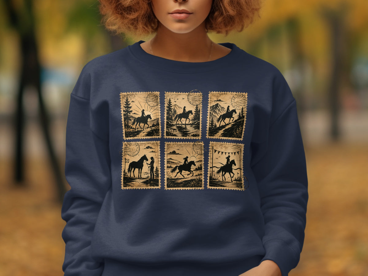 Navy sweatshirt with six postage stamp designs featuring horseback riding silhouettes.