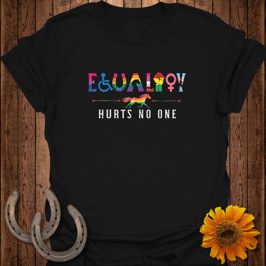 Black t-shirt with "EQUALY HURTS NO ONE" text and rainbow symbols.
