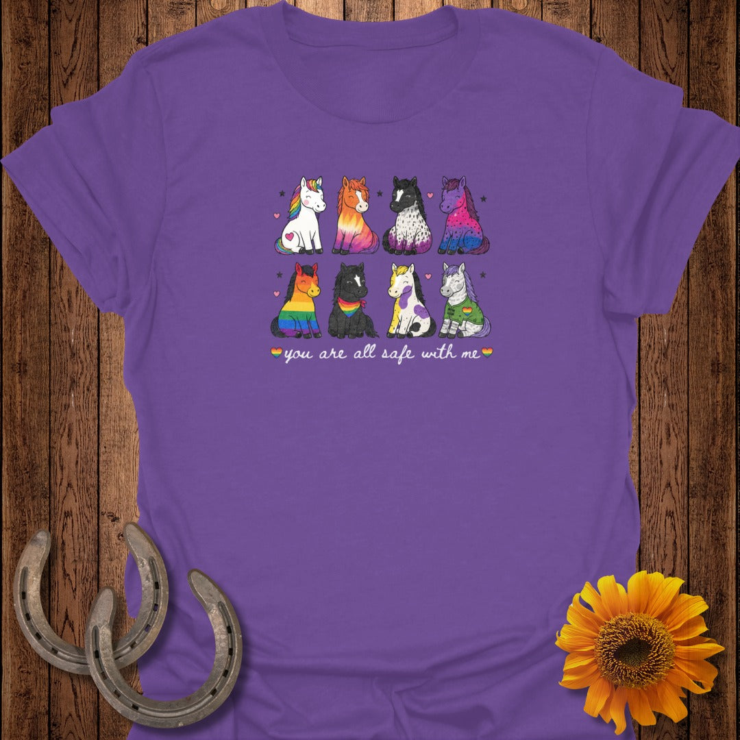 Nine cartoon horses in rainbow colors, with text "you are all safe with me".