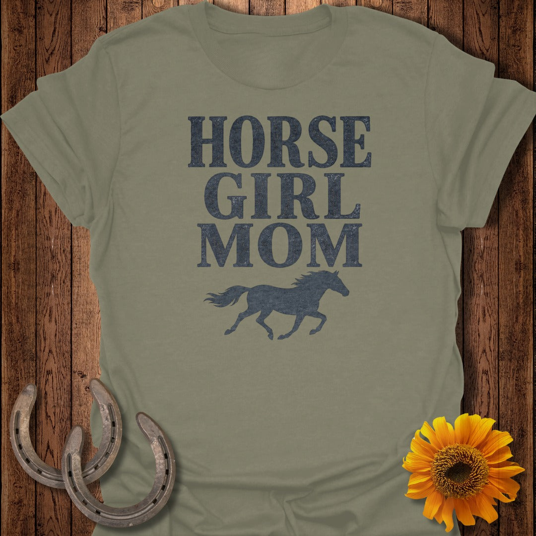 Olive t-shirt with "Horse Girl Mom" text and running horse graphic.