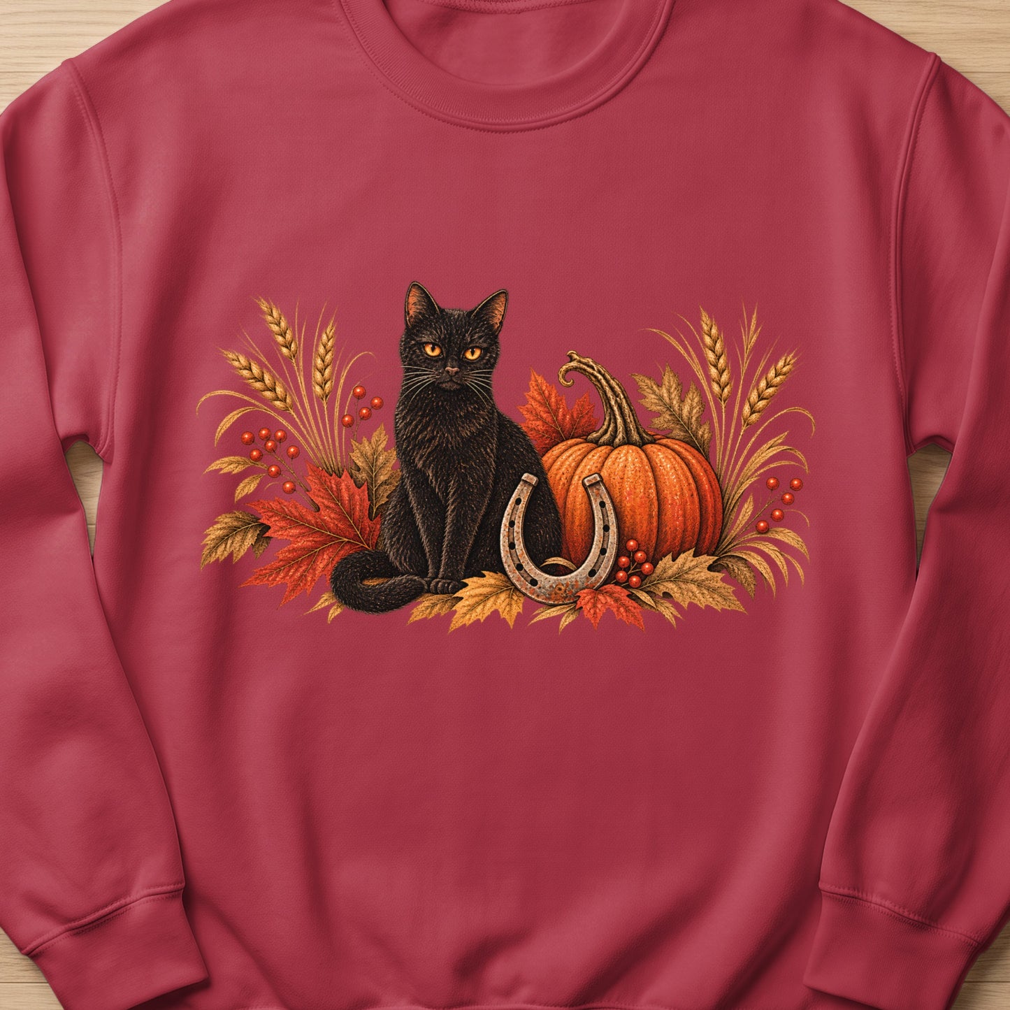 Black cat with pumpkin, horseshoe, and autumn leaves design on a maroon sweatshirt.