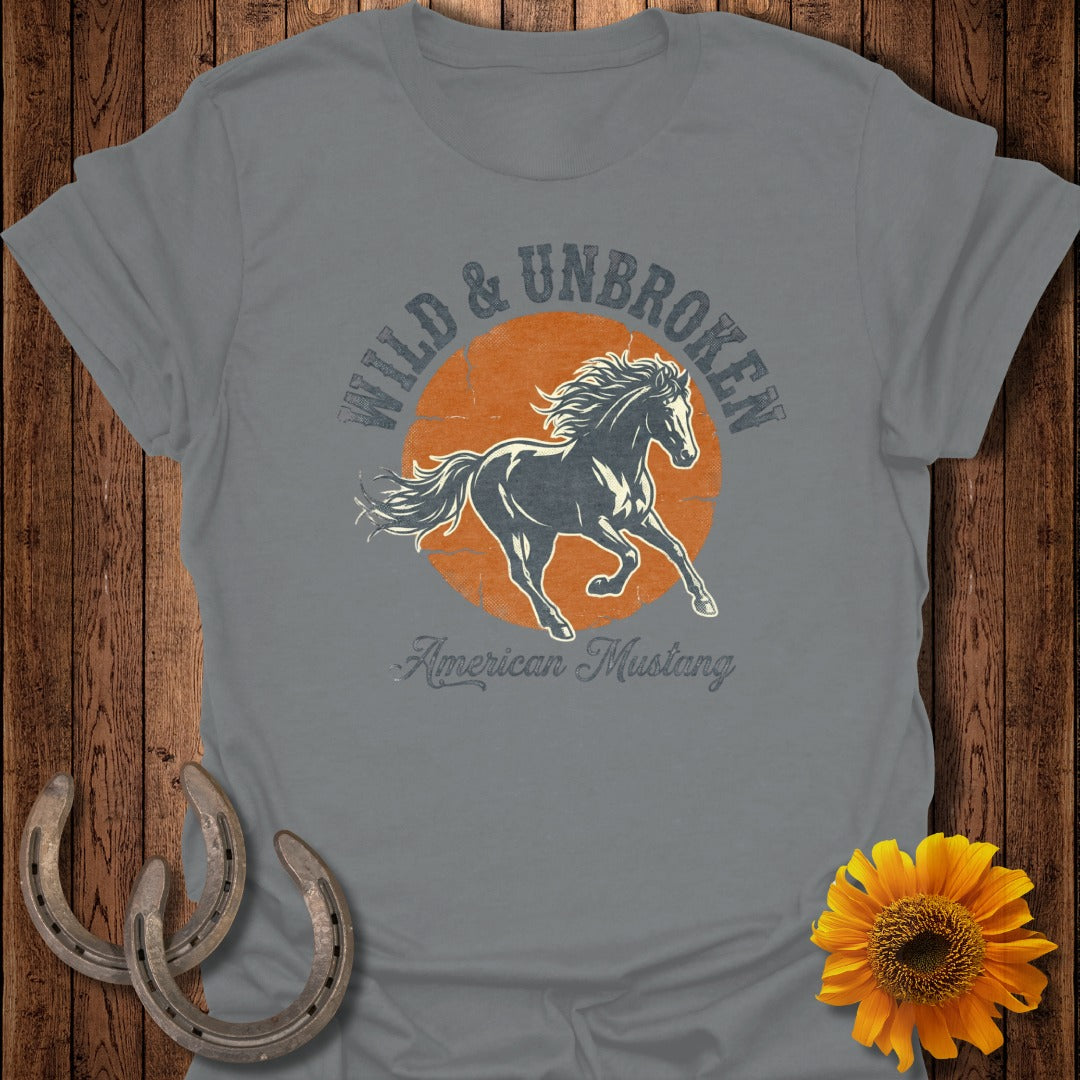 Gray t-shirt with "Wild & Unbroken American Mustang" graphic featuring a running horse.