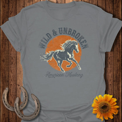Gray t-shirt with "Wild & Unbroken American Mustang" graphic featuring a running horse.