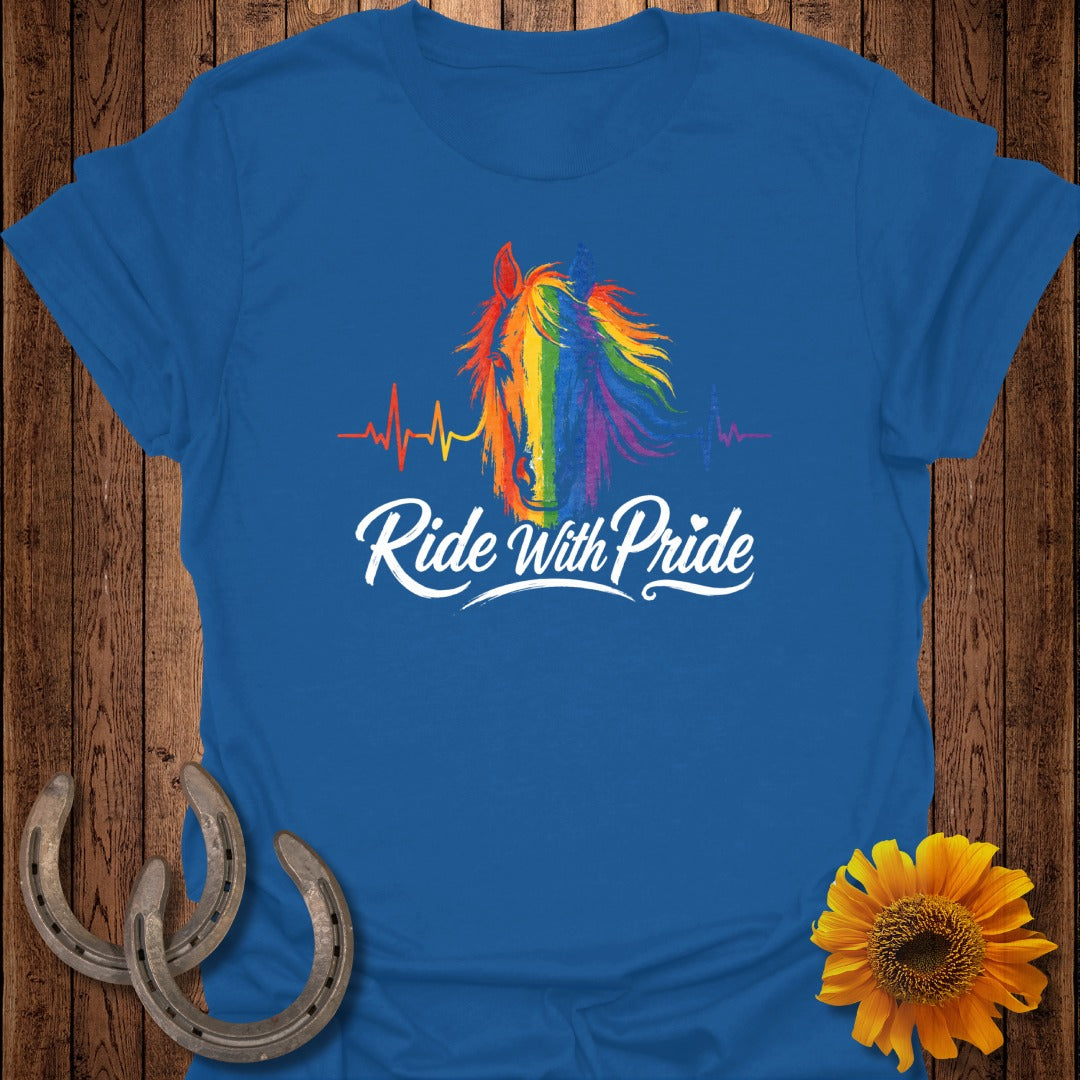 Blue t-shirt with a rainbow horse head and "Ride With Pride" text.