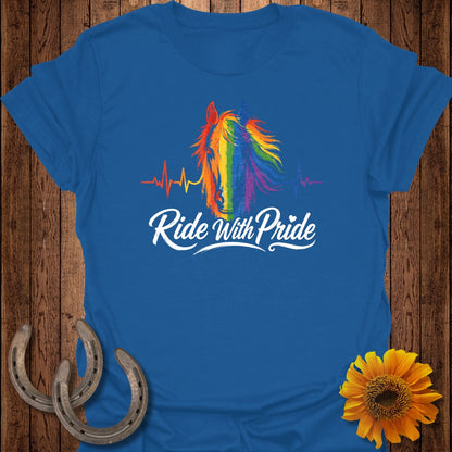 Blue t-shirt with a rainbow horse head and "Ride With Pride" text.