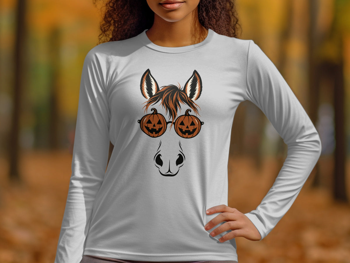 Long-sleeve shirt with horse face graphic featuring pumpkin sunglasses.