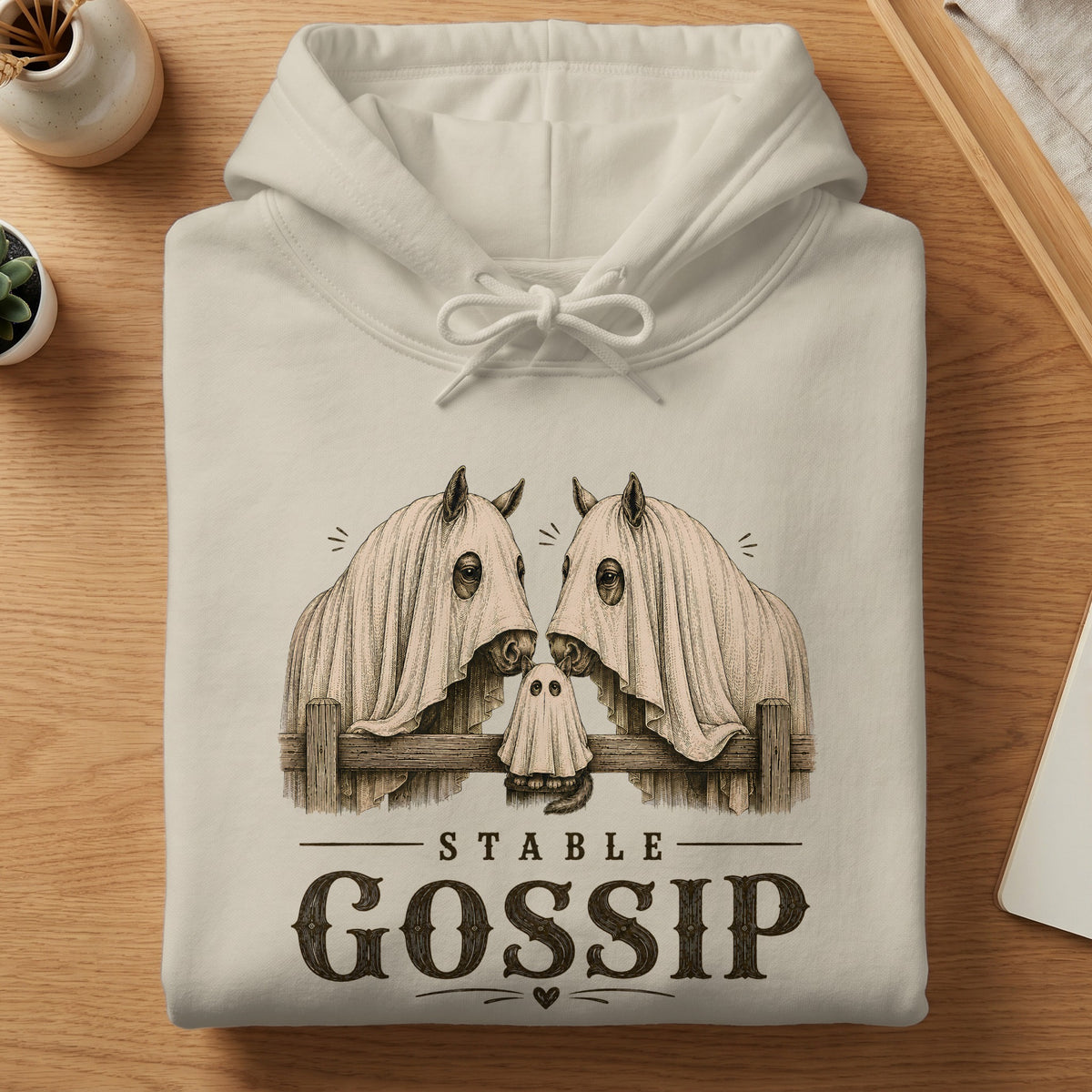 Cream hoodie with "Stable Gossip" text and two horses in ghost costumes.