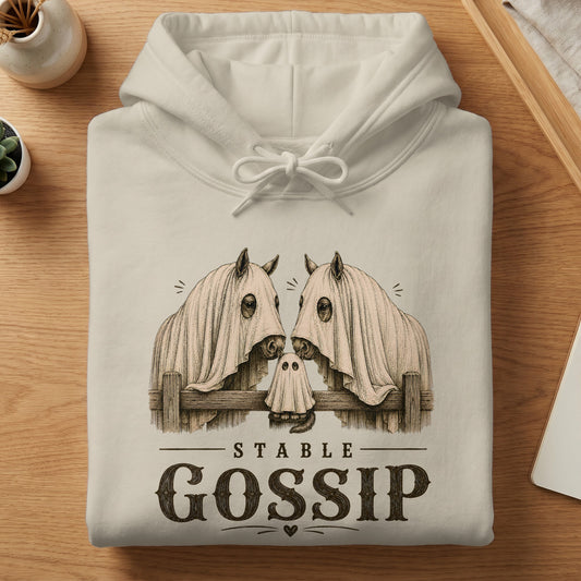 Cream hoodie with "Stable Gossip" text and two horses in ghost costumes.