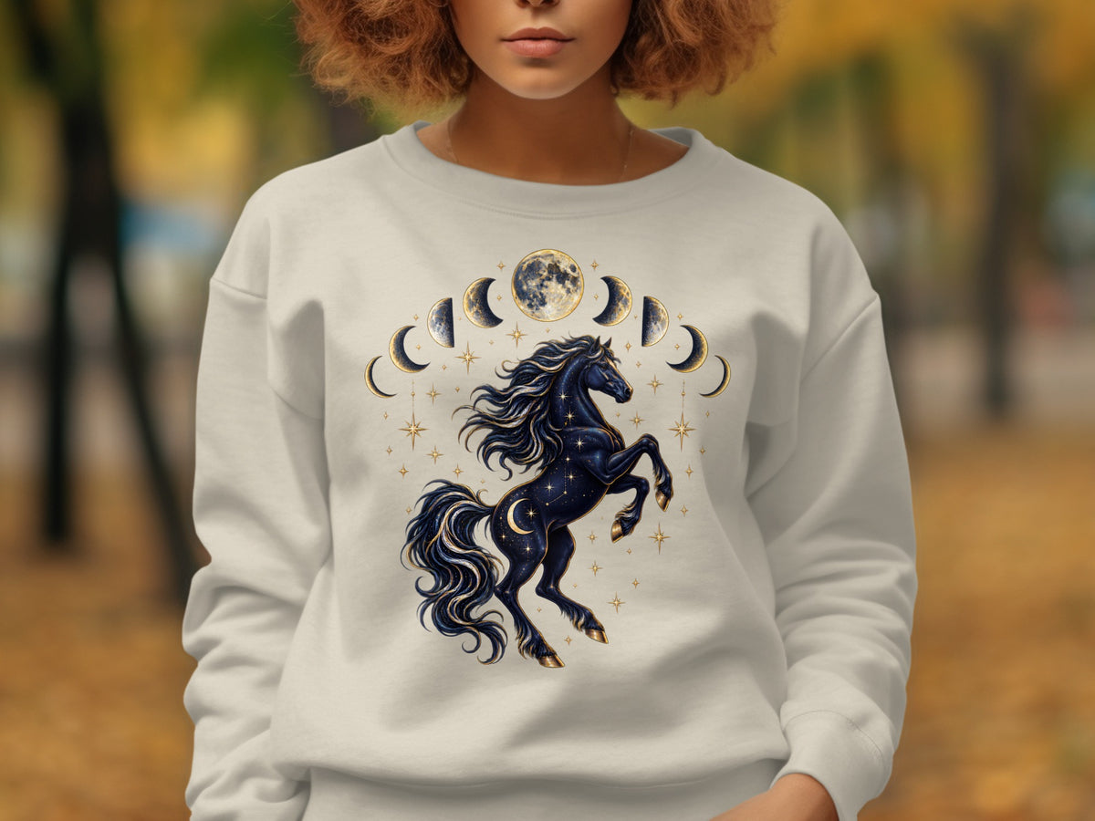 White crewneck sweatshirt with a celestial black horse and moon phases design.