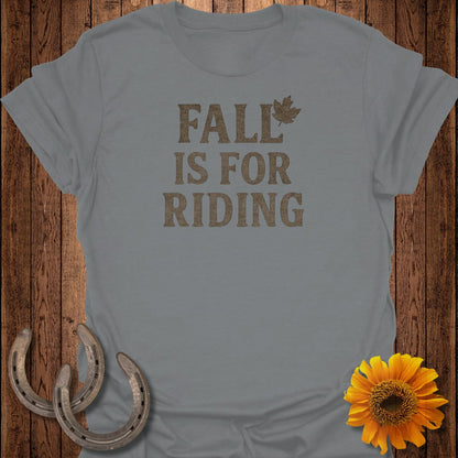 Grey t-shirt with "FALL IS FOR RIDING" text, a maple leaf, horseshoes, and sunflower.