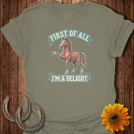 Horse graphic with "First of all I'm a delight" text on a t-shirt.