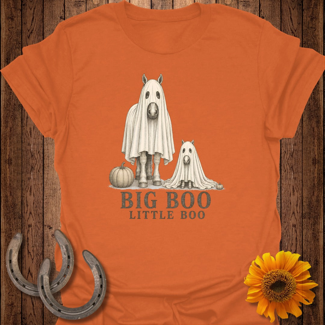 Horse and foal dressed as ghosts with pumpkin and text "BIG BOO LITTLE BOO".