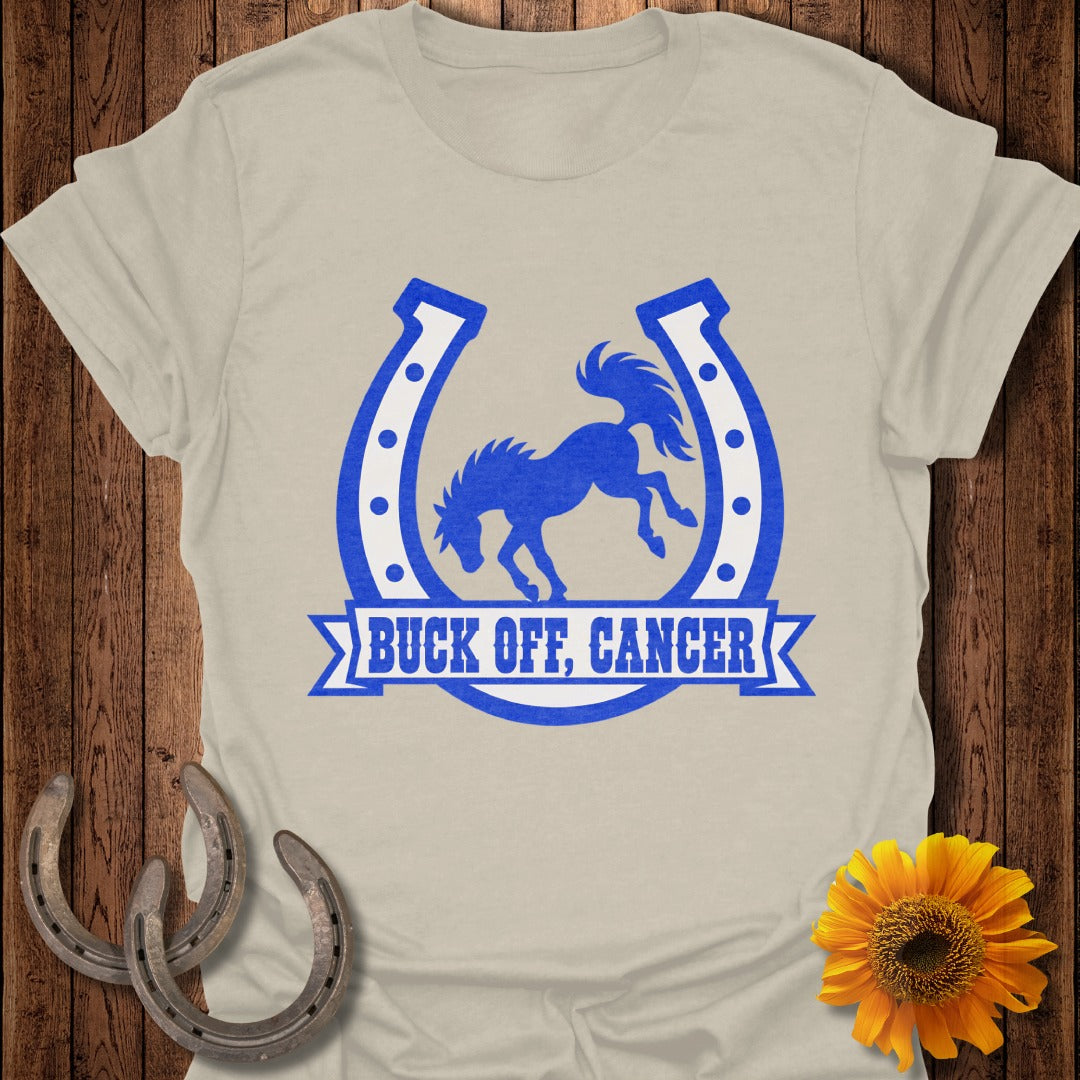 Light beige t-shirt with blue horseshoe, bucking horse, and "Buck Off, Cancer" text.
