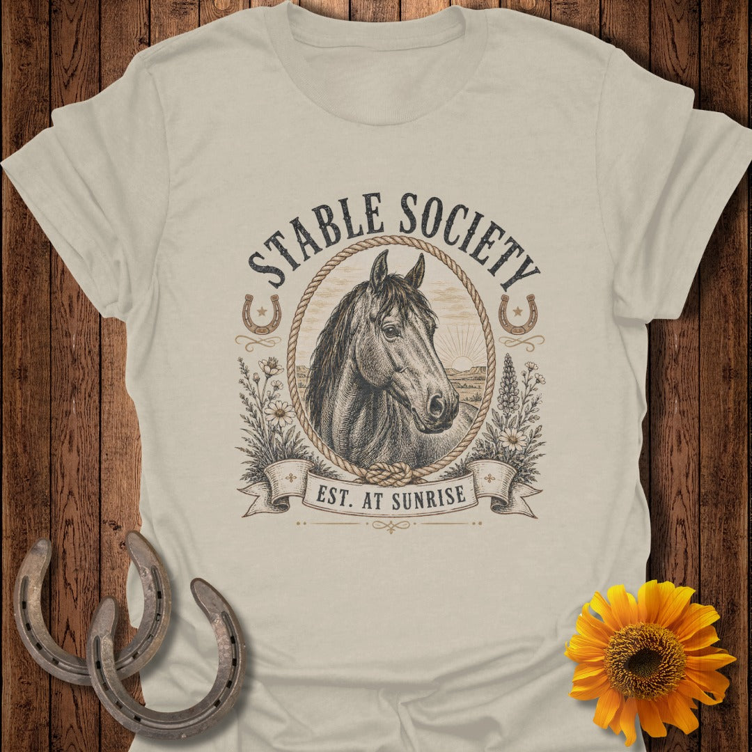Stable Society horse graphic with sunrise and EST. AT SUNRISE text.