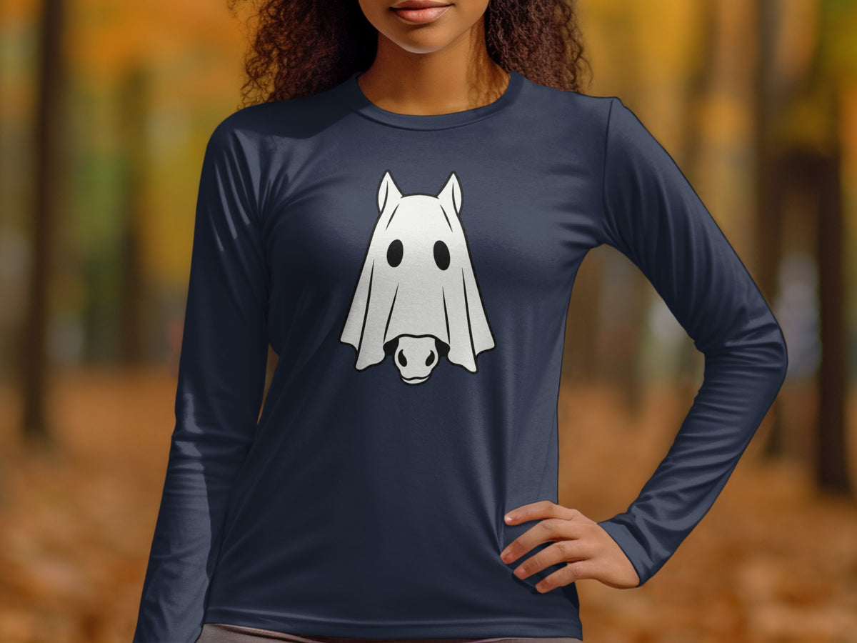 Navy long-sleeve shirt with a white ghost horse graphic on the chest.