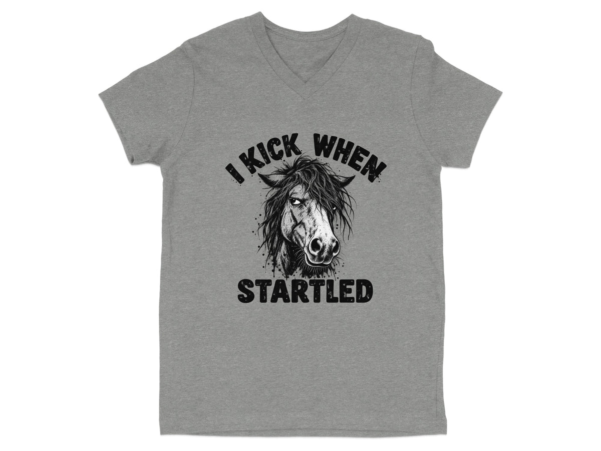 Grey t-shirt with black graphic of a startled horse and text "I KICK WHEN STARTLED".