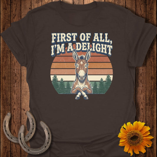 Brown t-shirt with a cartoon donkey and text "First of all, I'm a delight".