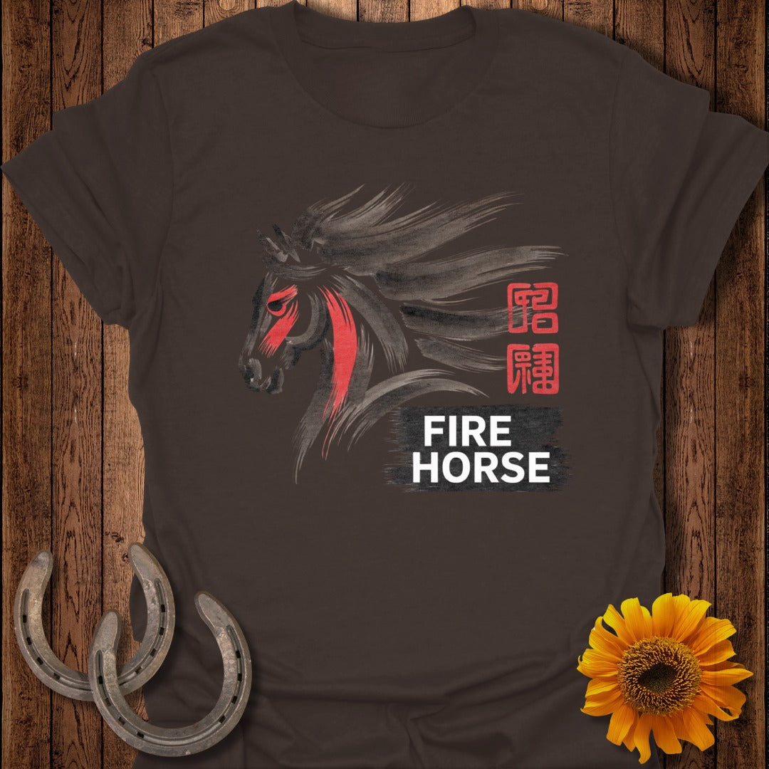 Dark brown t-shirt with a stylized black horse head and red accents, Chinese characters, and "FIRE HORSE" text.