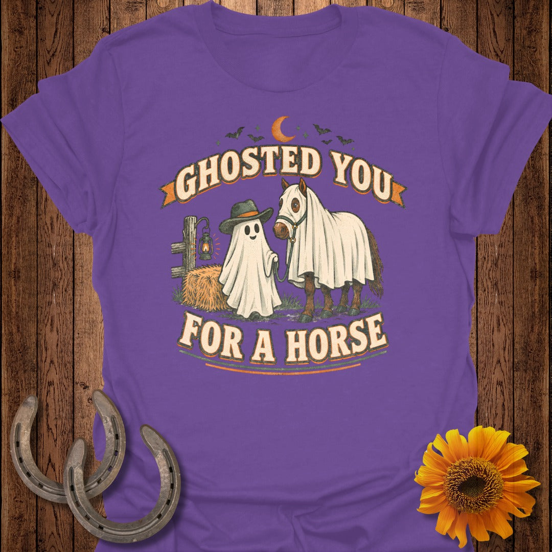 Ghosted You For A Horse Halloween graphic on a purple t-shirt.