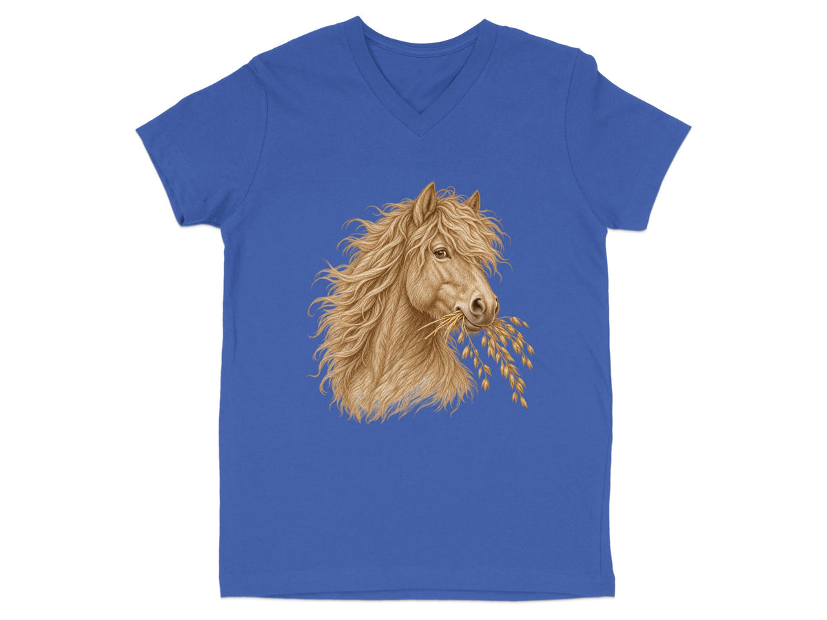 Blue v-neck t-shirt with illustration of a horse head eating wheat.