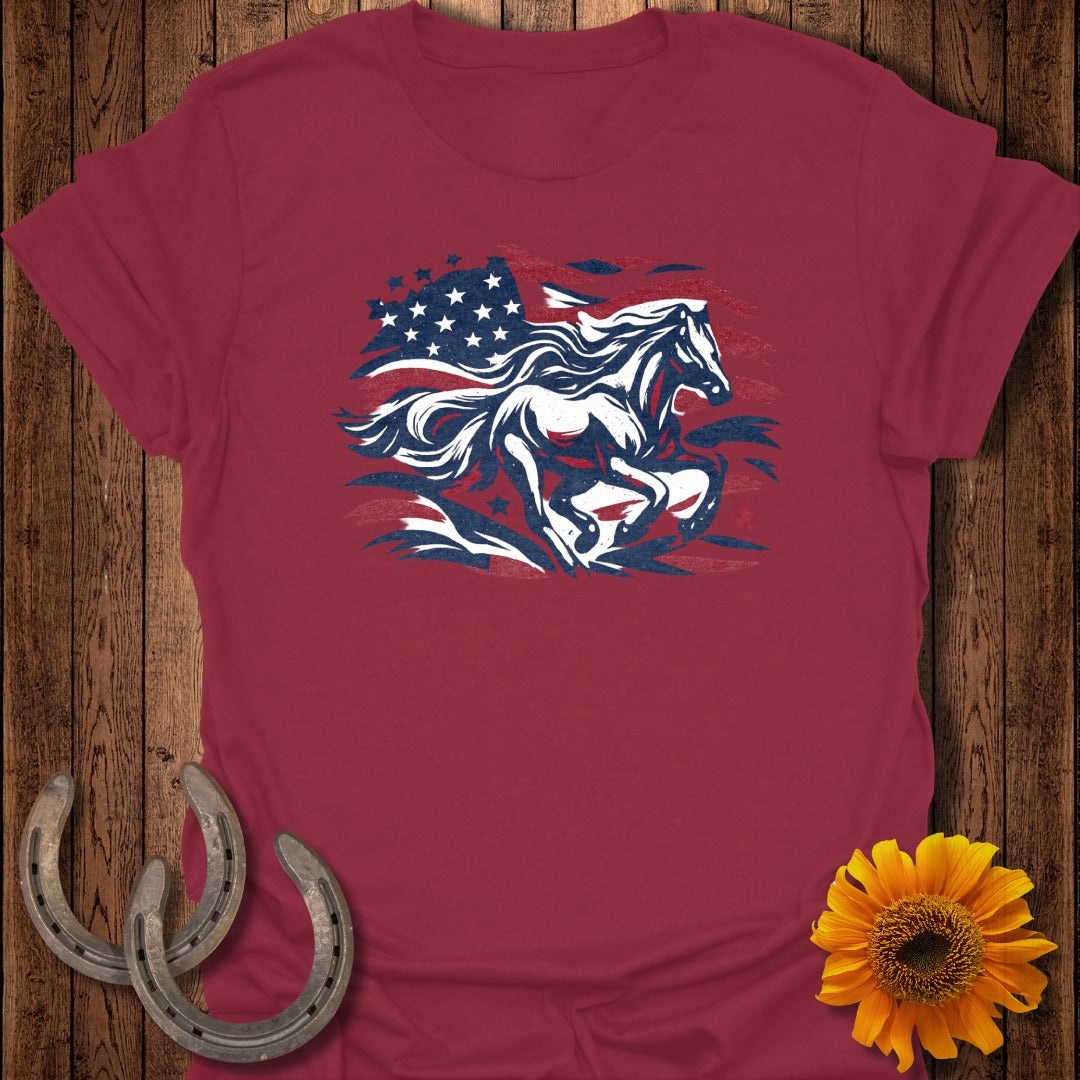Maroon t-shirt with distressed American flag and running horse graphic.