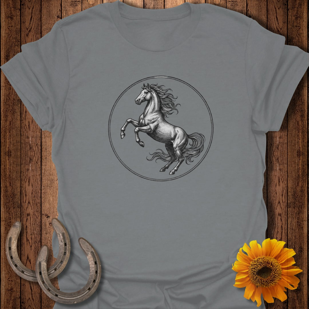 Grey t-shirt featuring a rearing horse silhouette within a circular border.