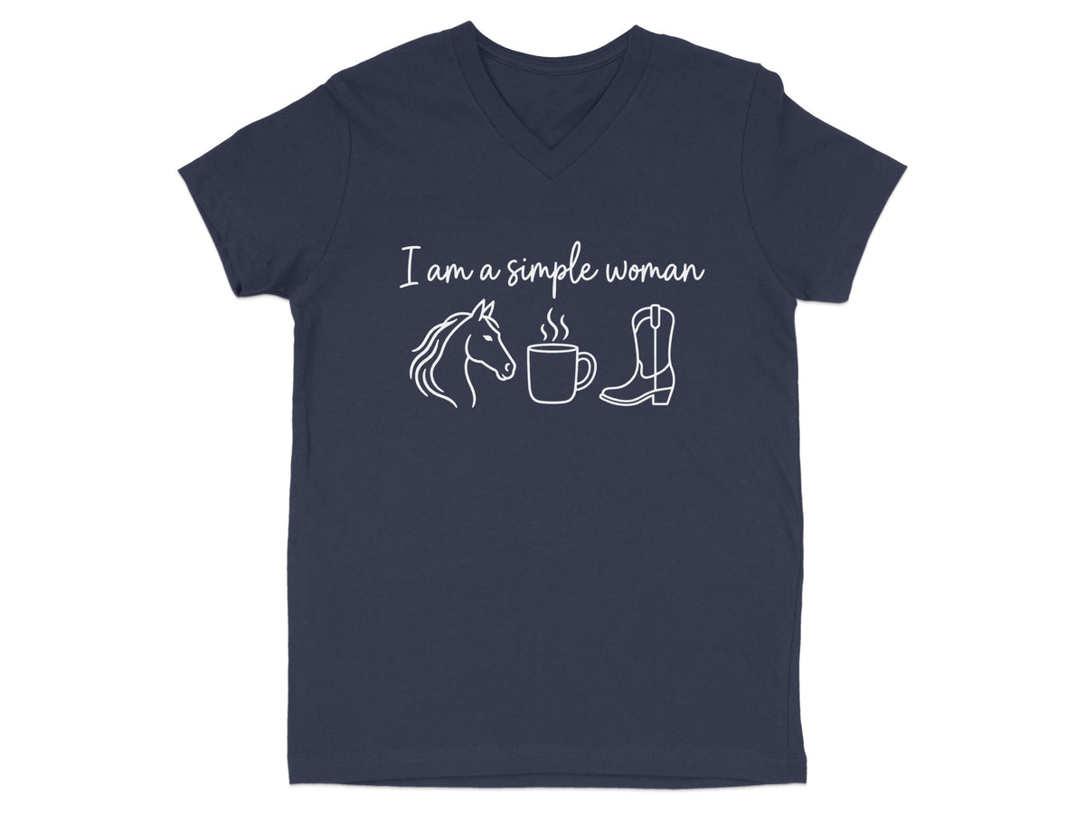 Navy v-neck t-shirt with white text "I am a simple woman" and graphics of a horse, coffee cup, and cowboy boot.