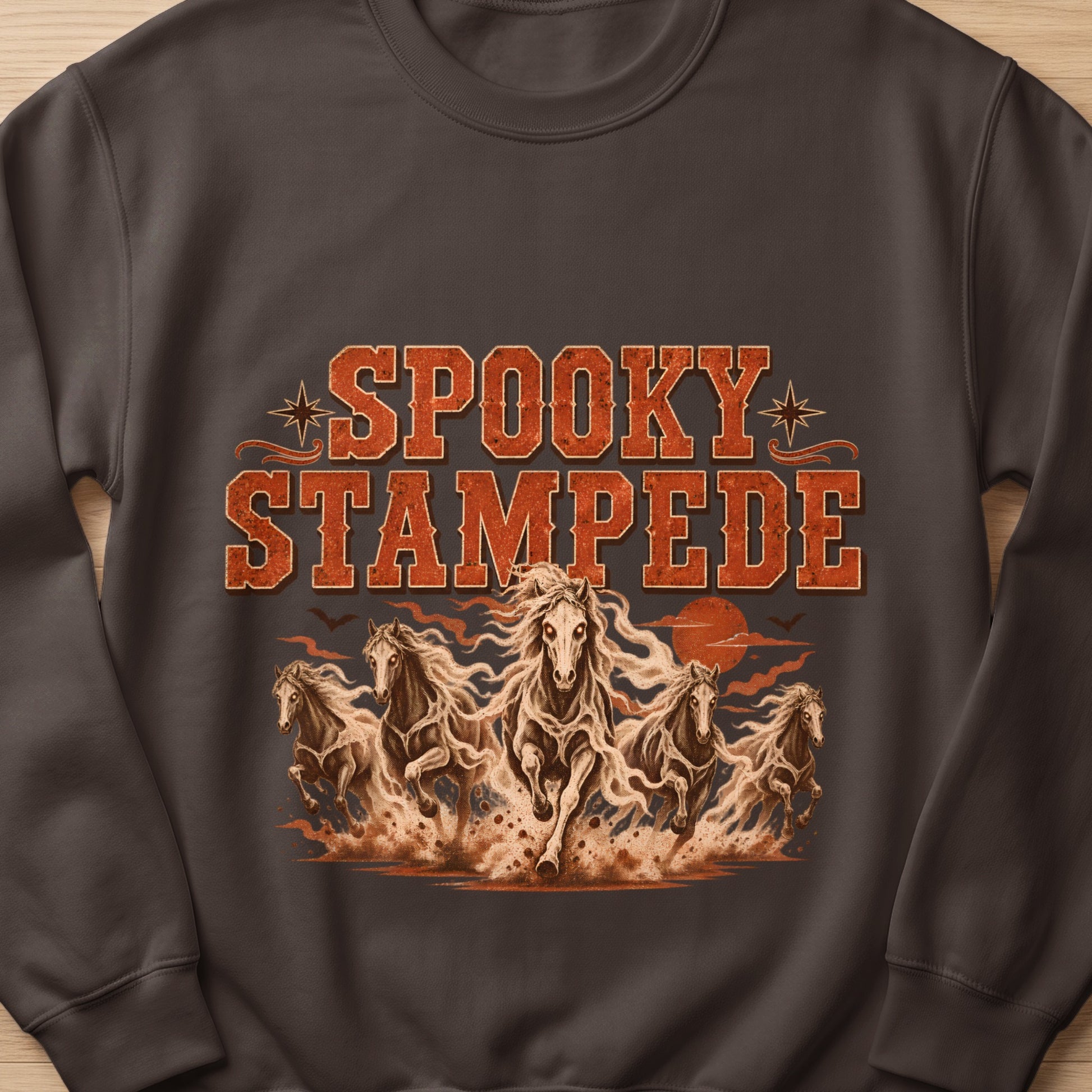 "Spooky Stampede" text above a herd of running horses with a setting sun.
