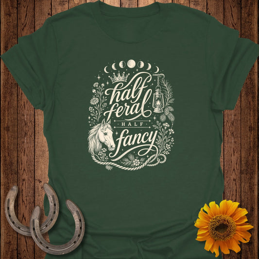 Green t-shirt with cream text and illustrations of a horse, lantern, and flowers.