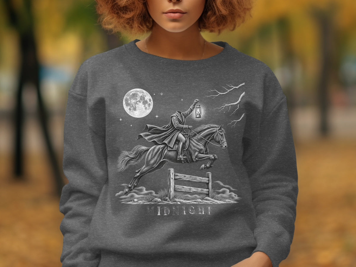 Headless horseman with lantern jumping fence under full moon, text "MIDNIGHT".