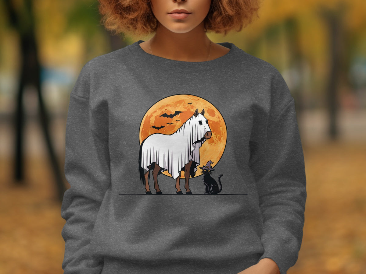 Horse in ghost costume with black cat and moon Halloween design on shirt.