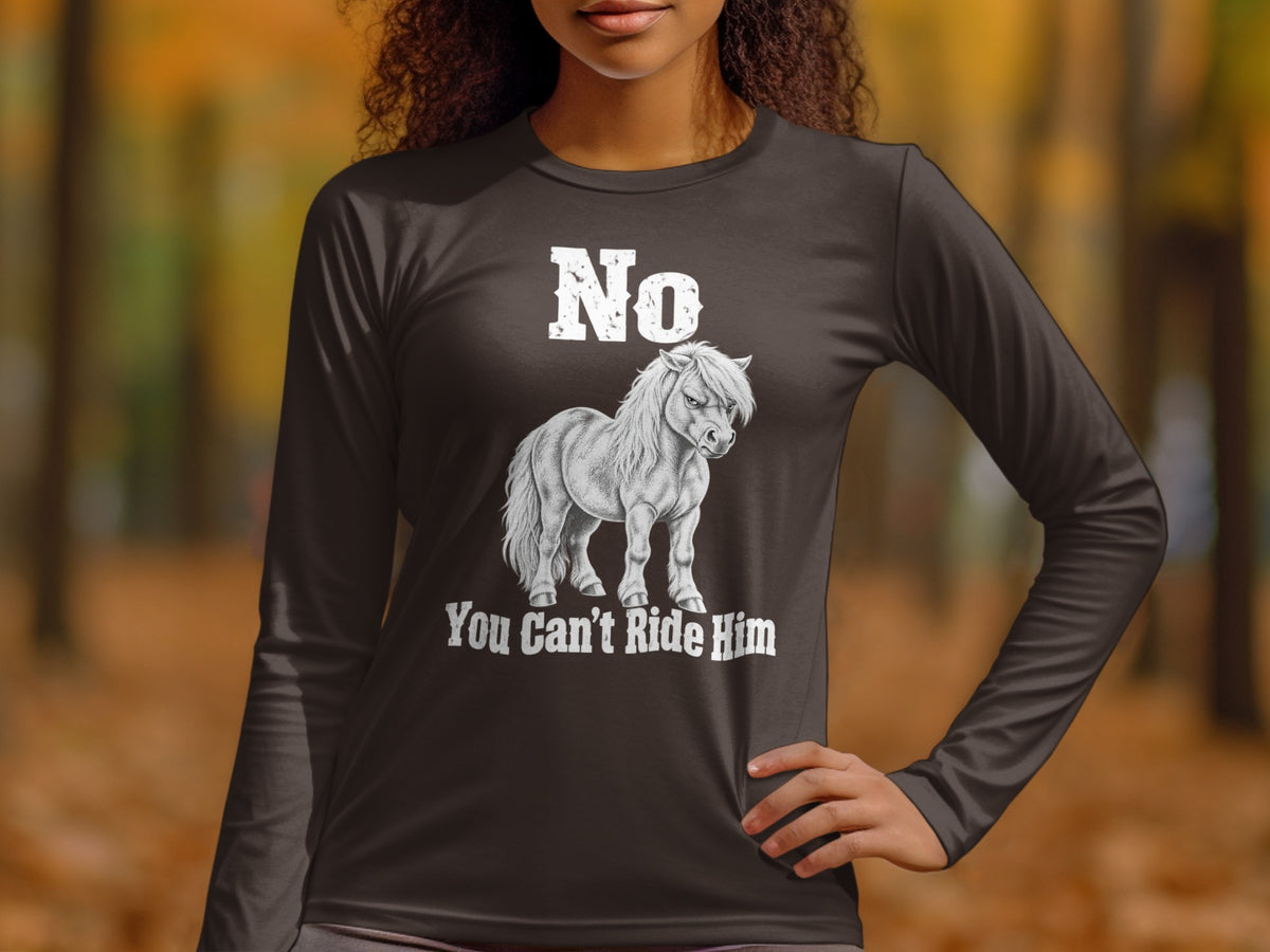 A person wearing a dark grey long-sleeve t-shirt with a graphic of an angry pony and the text No You Cant Ride Him.