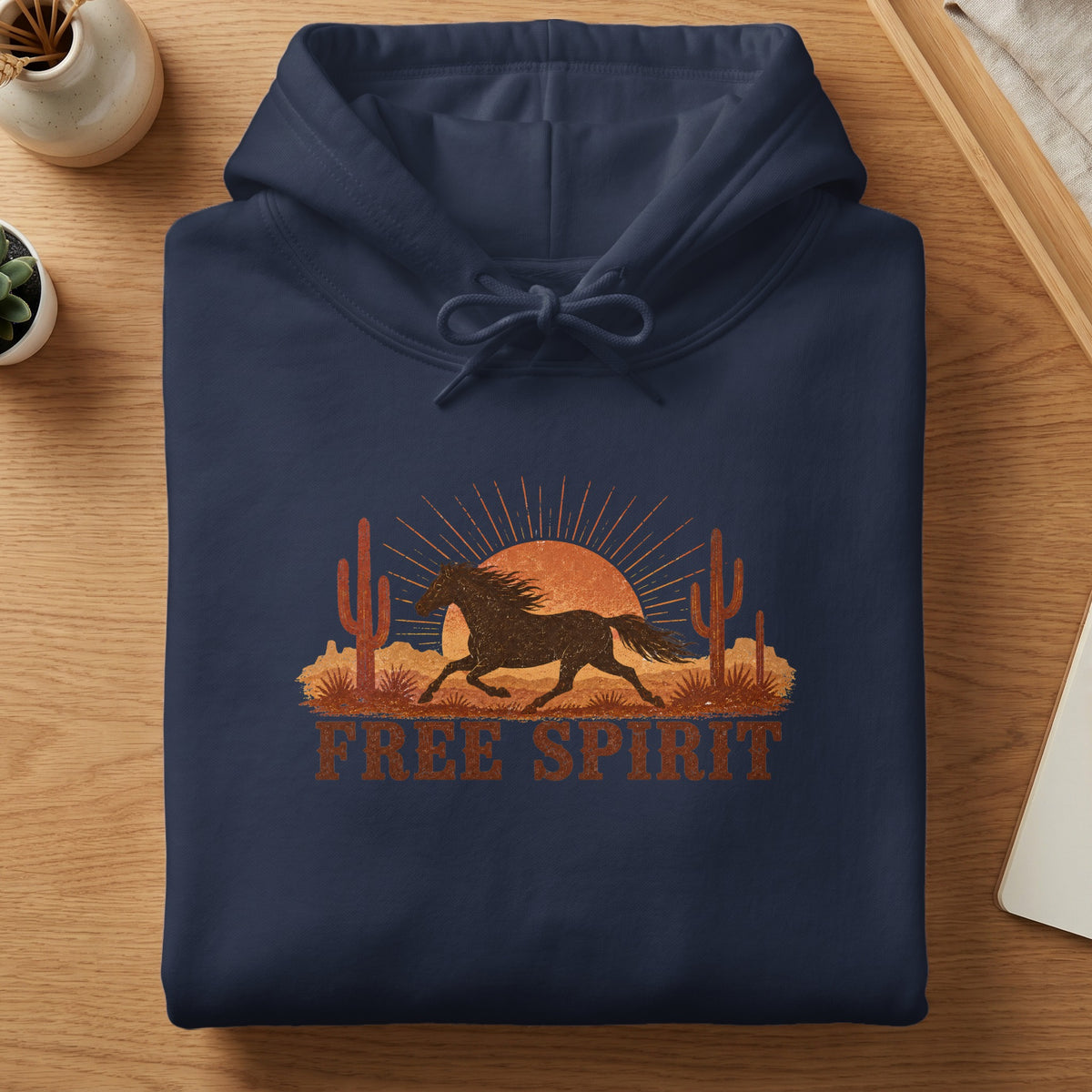 Navy blue hoodie with a running horse, cacti, and sun graphic, text "FREE SPIRIT".