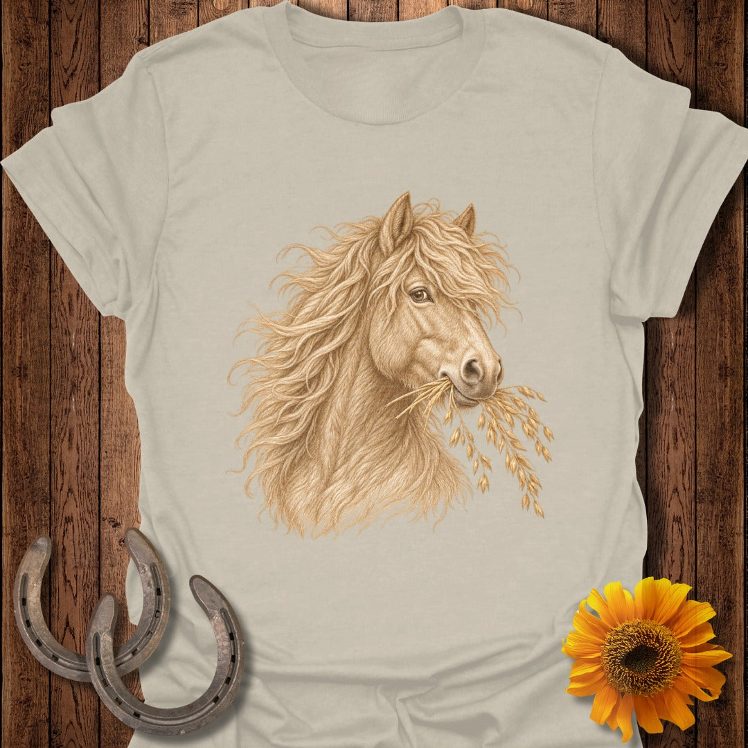 T-shirt with a sepia drawing of a horse eating oats, two horseshoes, and a sunflower.