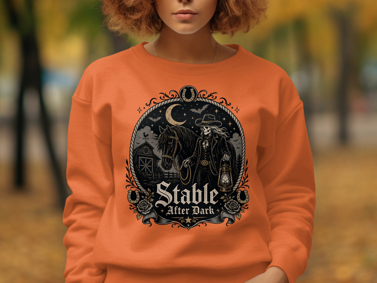 Skeleton cowboy holding lantern beside horse with "Stable After Dark" text.