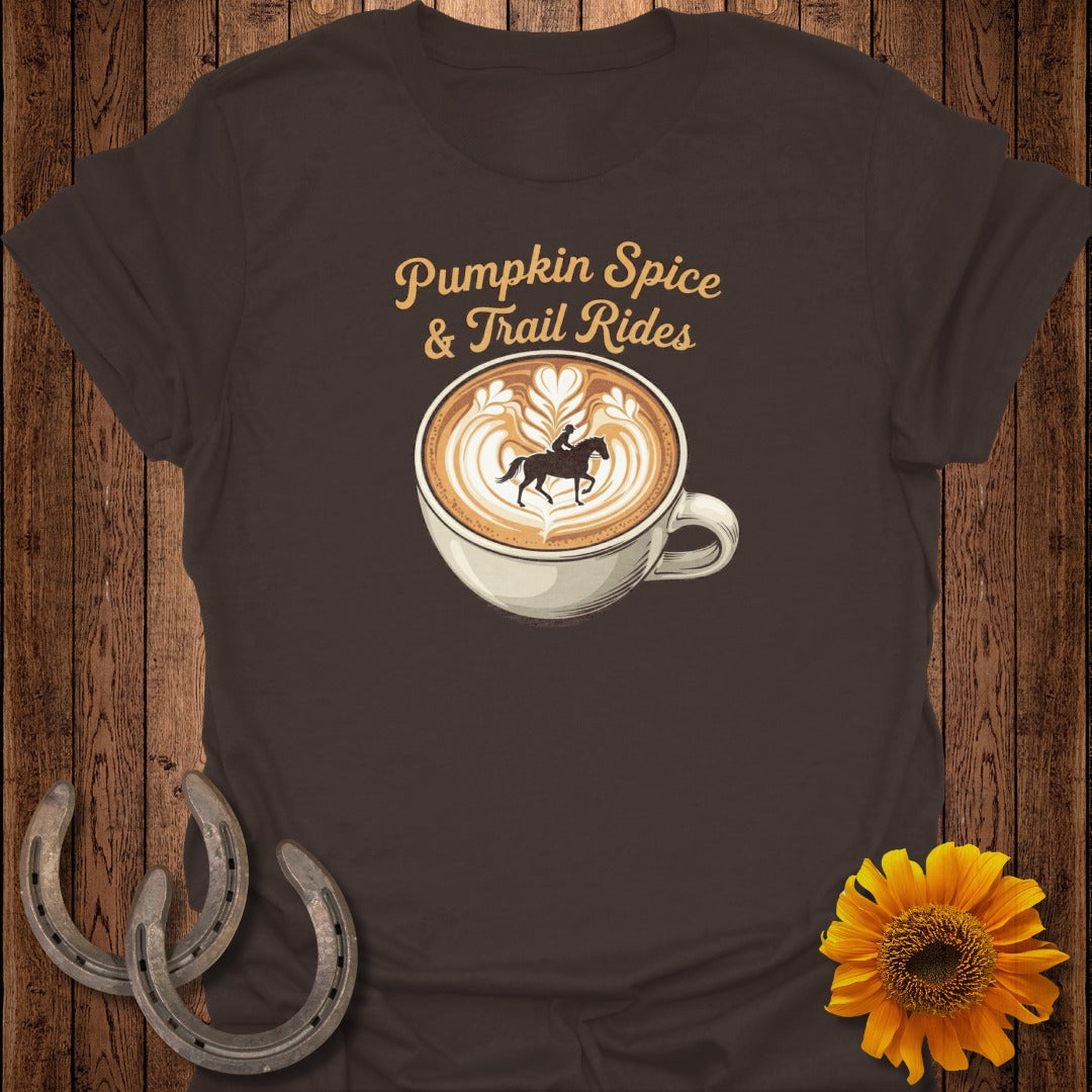 Brown t-shirt with "Pumpkin Spice & Trail Rides" text and coffee art of a rider on a horse.