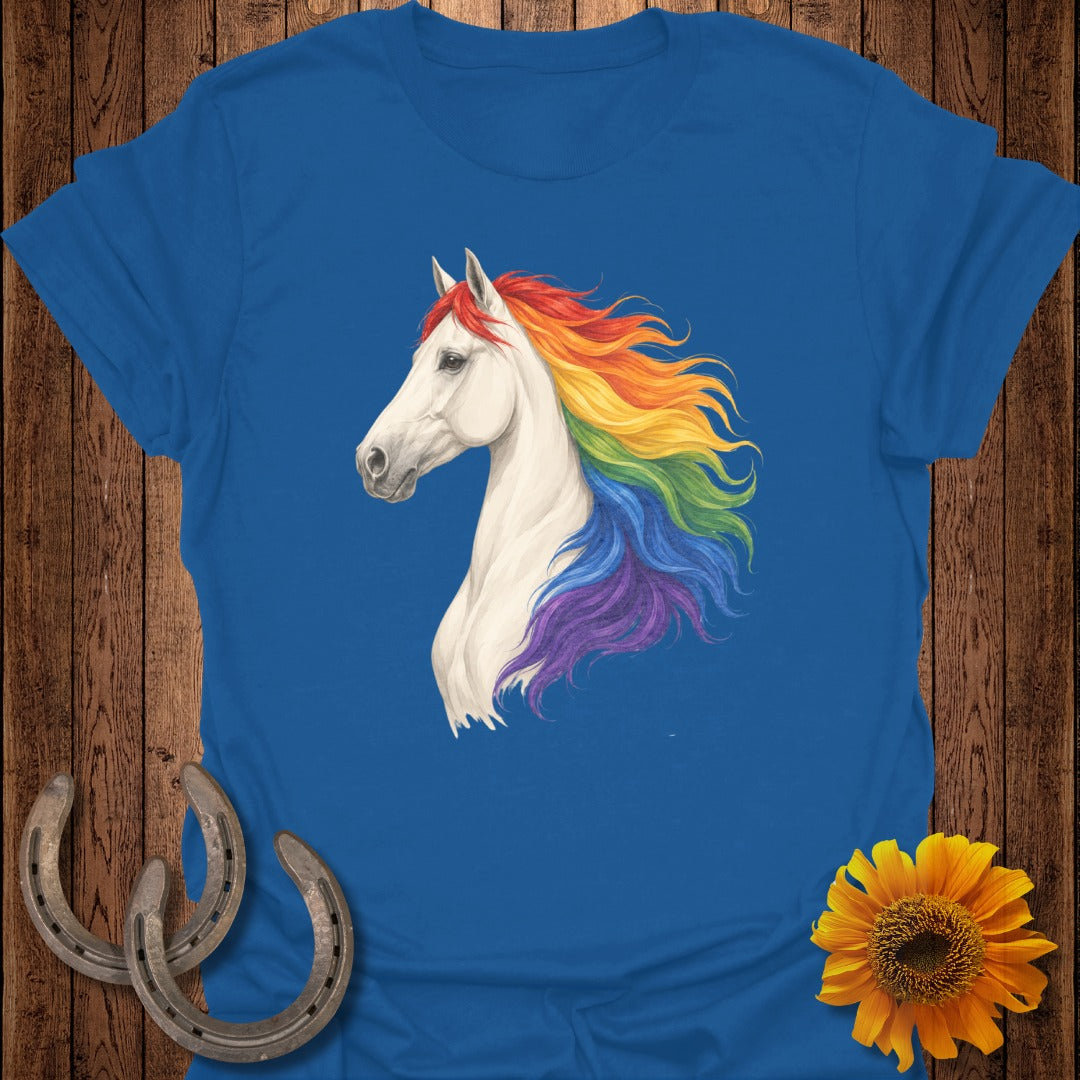 Blue t-shirt with a white horse and rainbow mane.