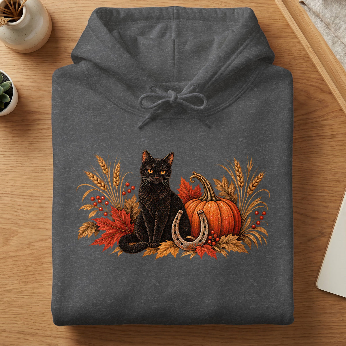 Black cat, pumpkin, horseshoe, and autumn leaves graphic on a charcoal hoodie.