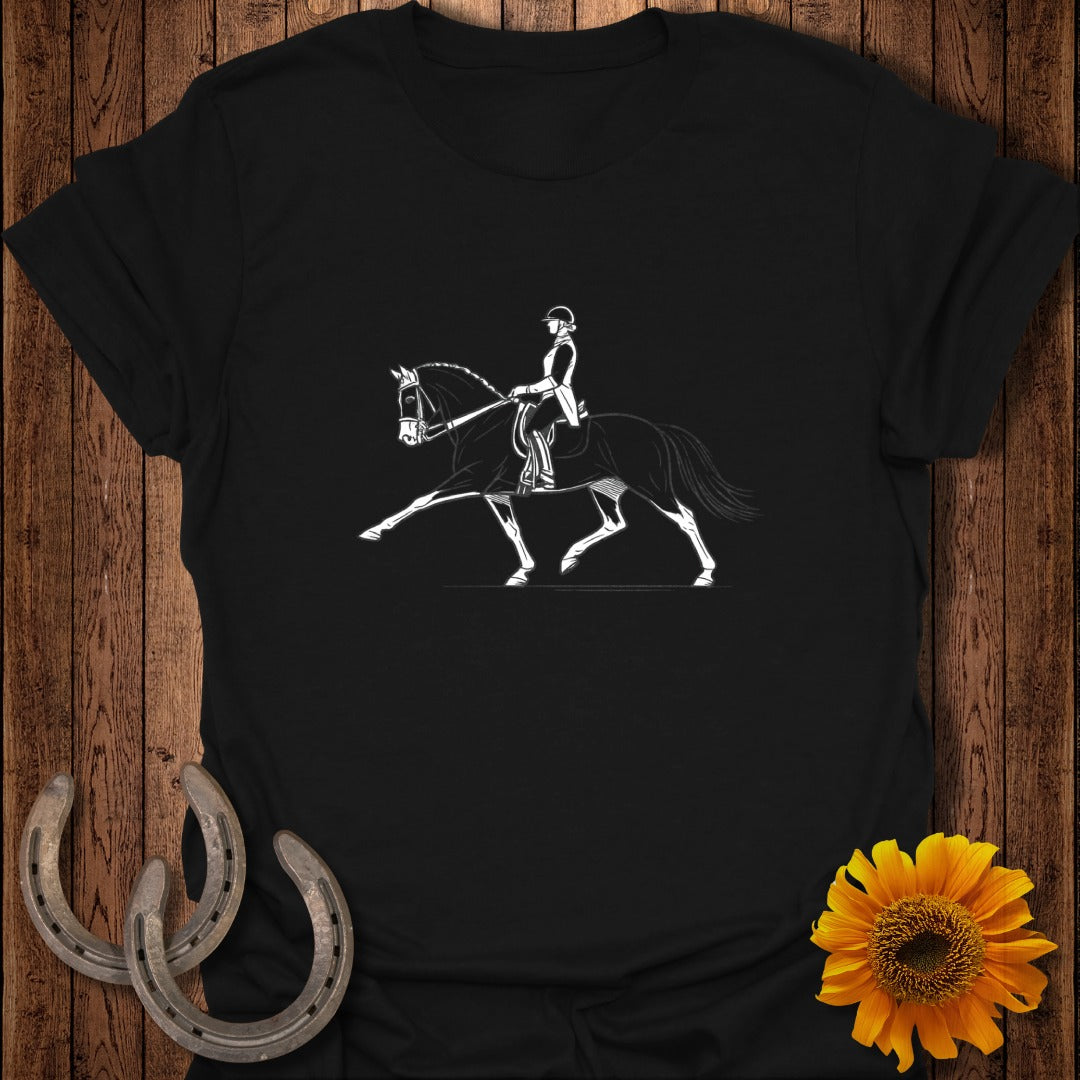 Black t-shirt featuring a white line drawing of a rider on a horse.