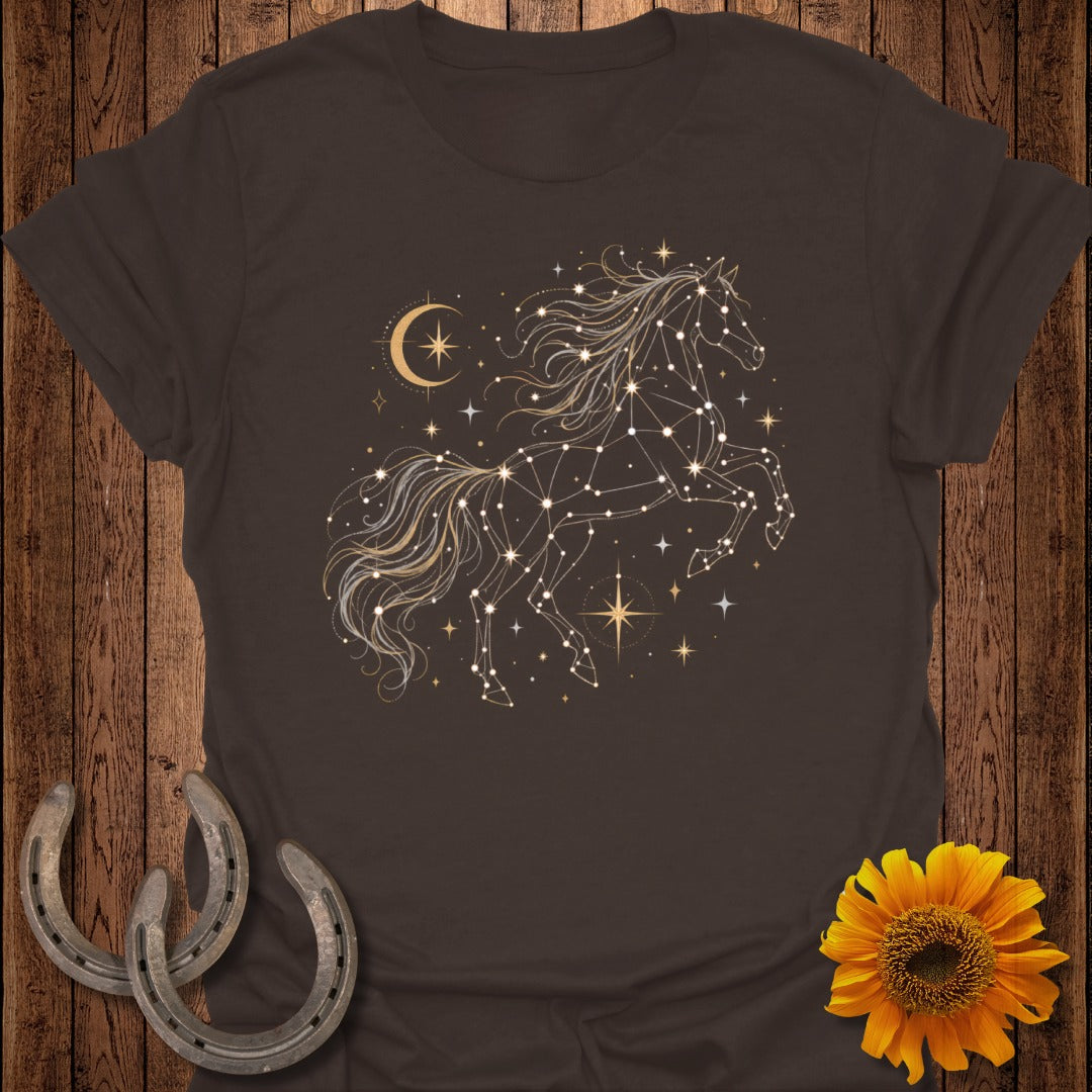 Brown t-shirt with celestial horse constellation graphic and crescent moon.