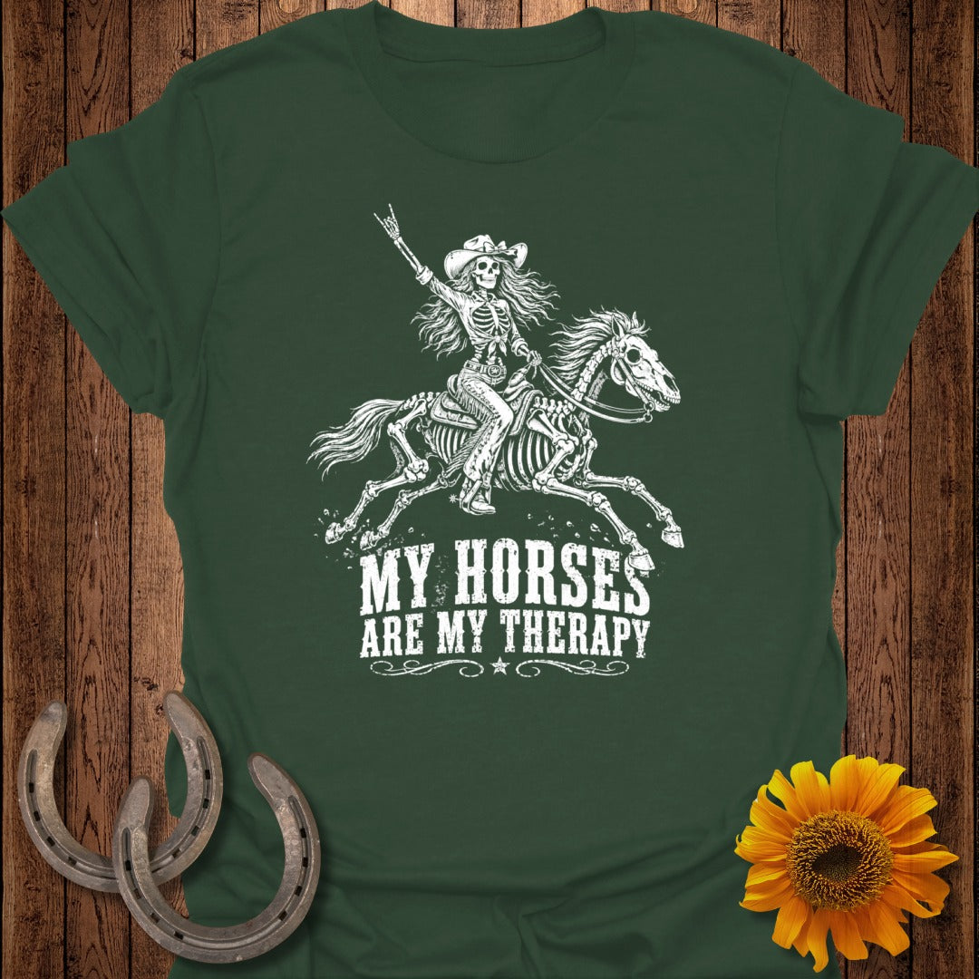 Skeleton rider on horseback, text reads "My Horses Are My Therapy".