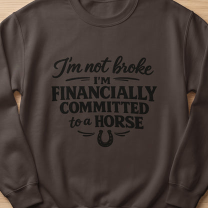 Brown sweatshirt with black text that reads "I'm not broke I'm FINANCIALLY COMMITTED to a HORSE" and a horseshoe.