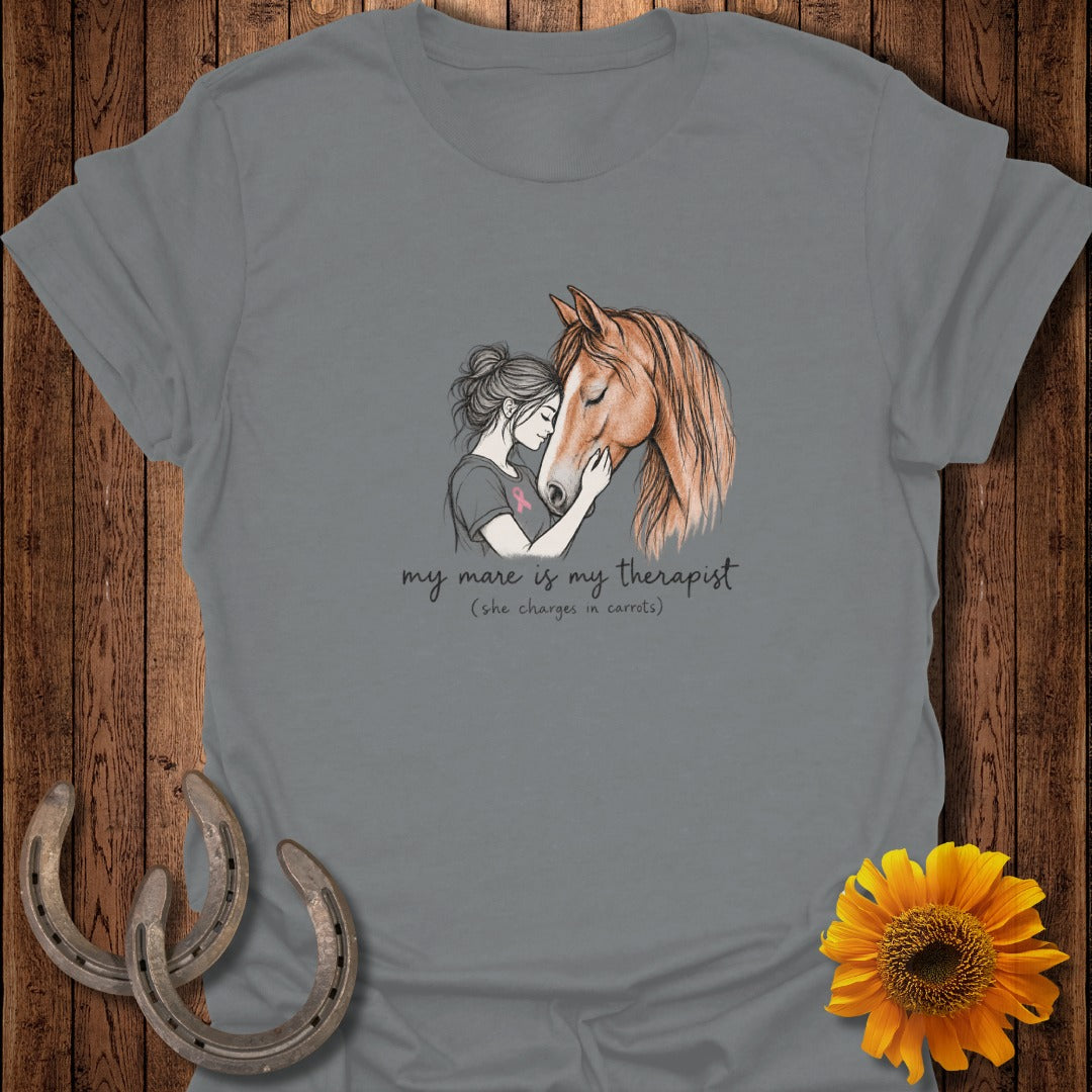 Girl hugging a horse with text "my mare is my therapist".