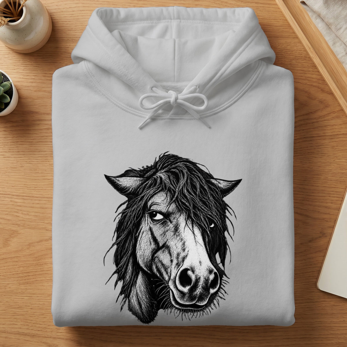 A folded white hoodie with a black-and-white graphic of a horse head centered on the chest.